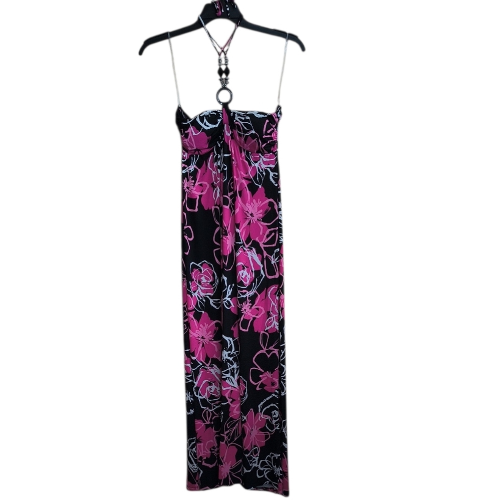 NWT Kisses & Hugs Black/Pink Floral Halter Maxi Dress Size XL